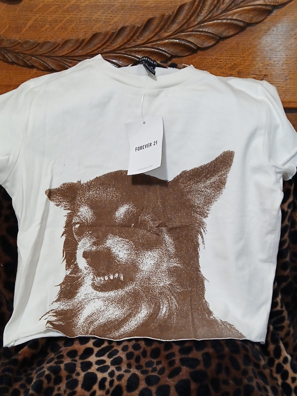 Forever 21 White Tee with Brown Dog Portrait Graphic Baby Doll Tee